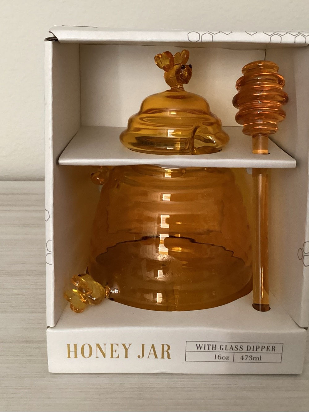 Gourmet Kitchen Honey Jar With Glass Dipper 16oz Amber Brand New In Box